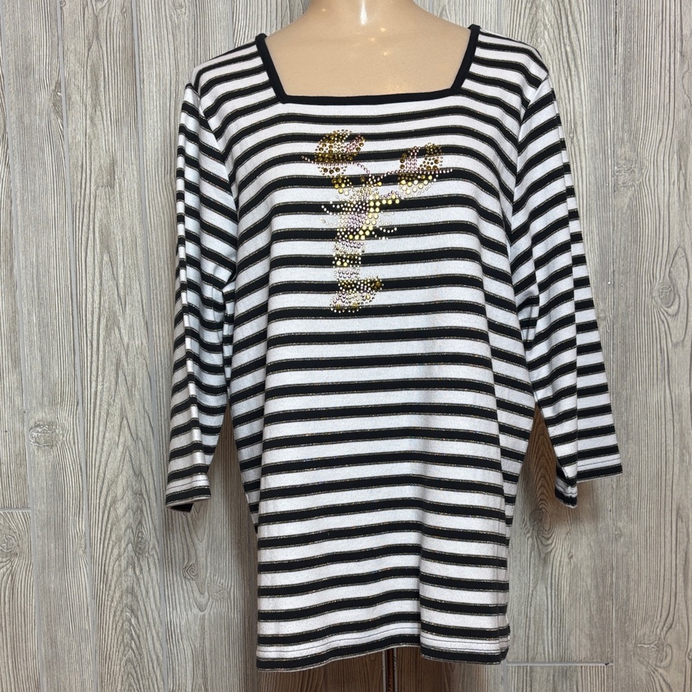 Quacker Factory Nautical Lobster Black White Metallic Striped Summer Tee- Size L